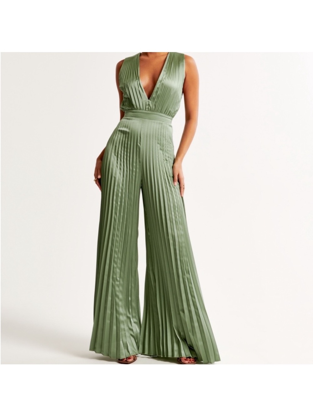 Abercrombie & Fitch Olive Green Pleated Wide-Leg Jumpsuit size SP